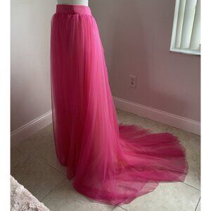 Womens Small Tulle Skirt w Train Hot Pink High Waist Rise & Beige Lined